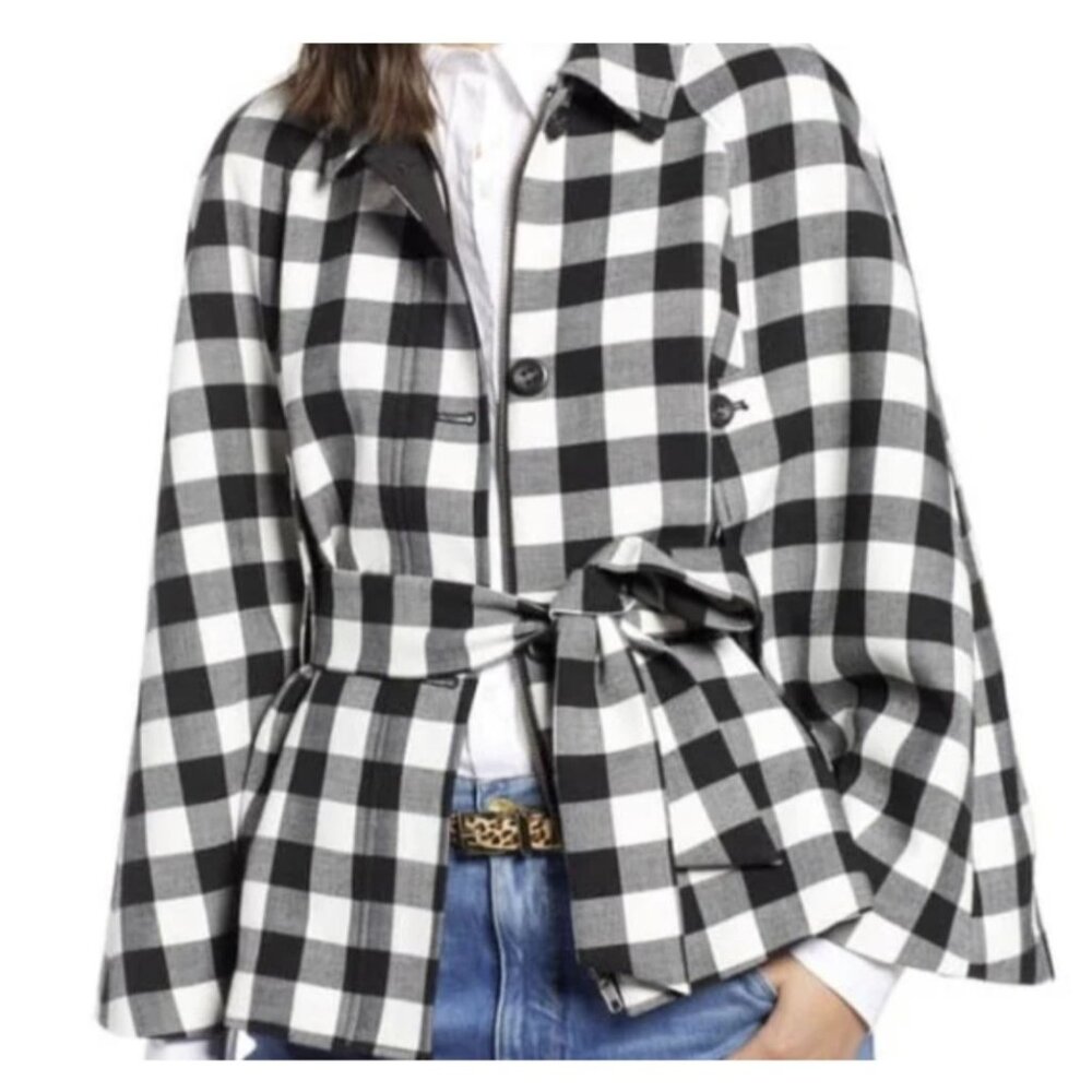 1901 Nordstrom Buffalo Check Cape Jacket Black White Belted Size XS X Small
